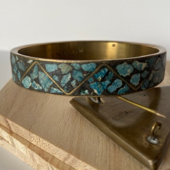 Vintage Indian Brass with Blue stones Triangle Brooch and Bangle - Picture 2 of 9